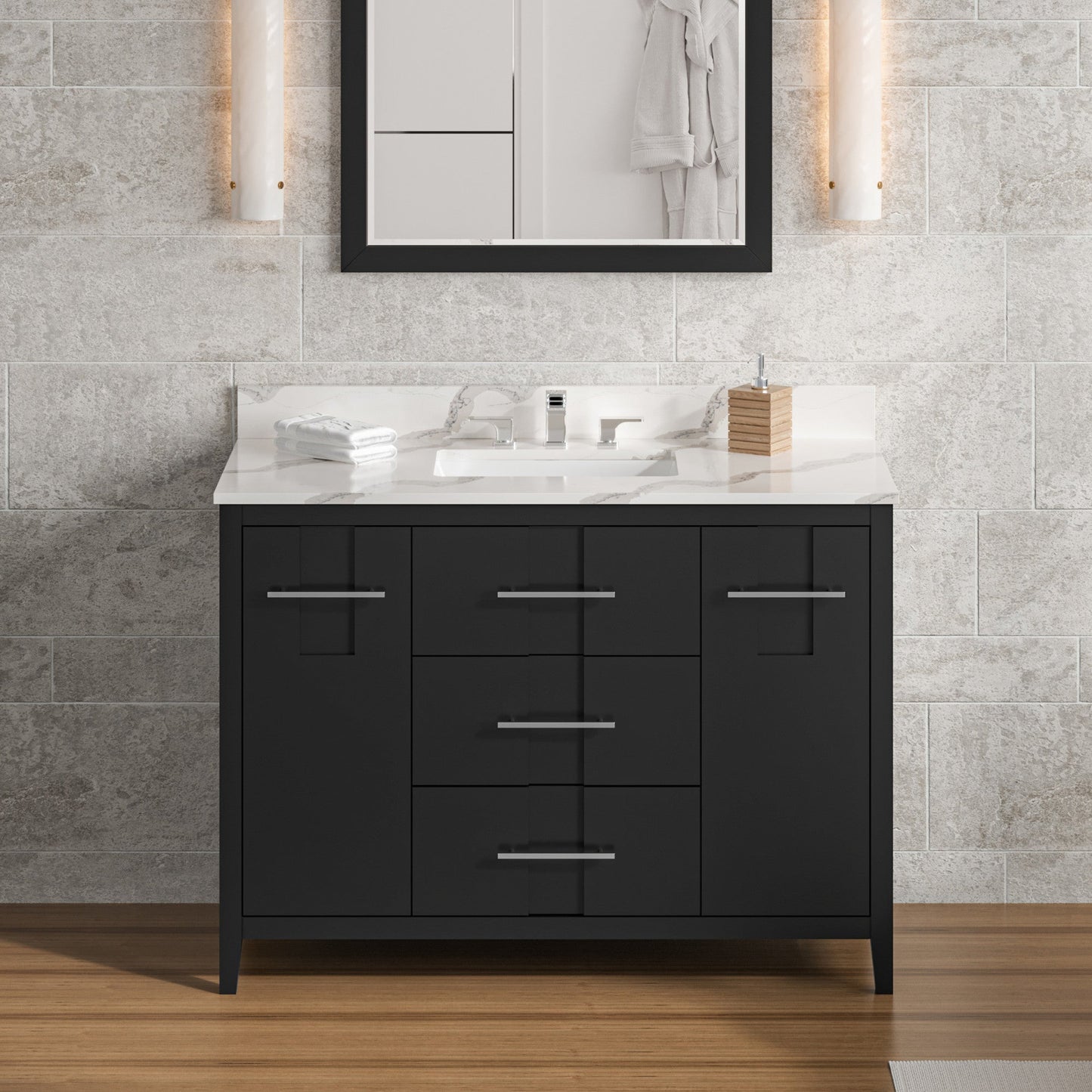 Hardware Resources Jeffrey Alexander Katara 48" Black Freestanding Vanity With Calacatta Vienna Quartz Vanity Top, Backsplash and Rectangle Undermount Sink