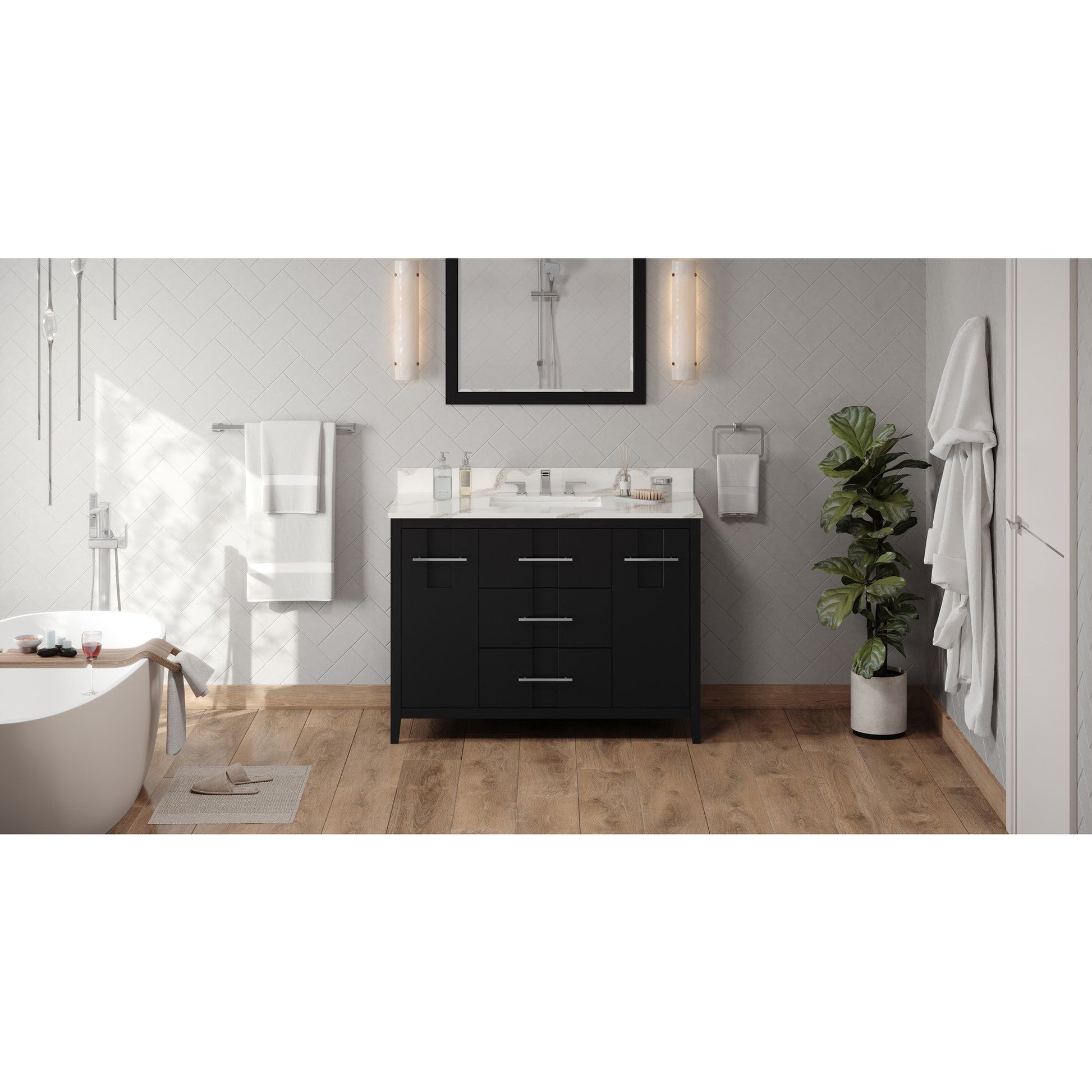 Hardware Resources Jeffrey Alexander Katara 48" Black Freestanding Vanity With Calacatta Vienna Quartz Vanity Top, Backsplash and Rectangle Undermount Sink