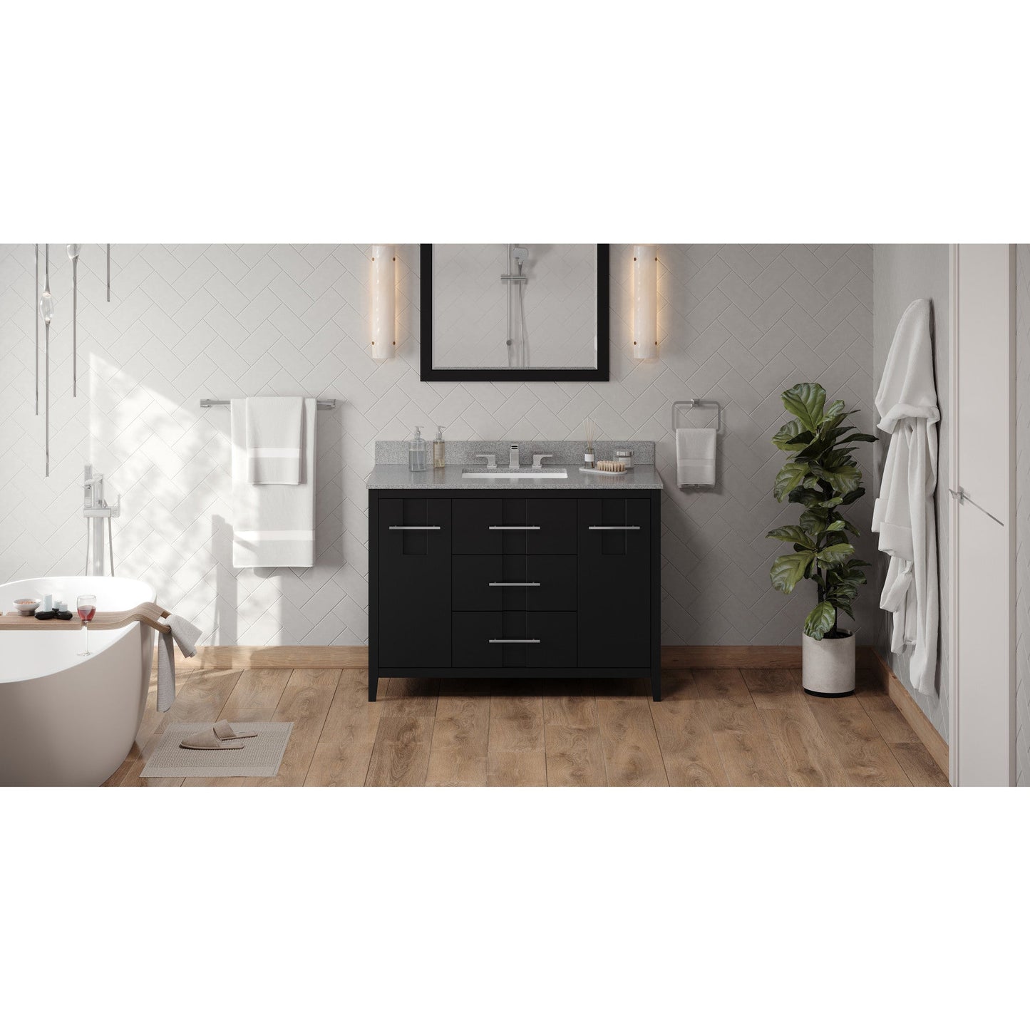 Hardware Resources Jeffrey Alexander Katara 48" Black Freestanding Vanity With Steel Gray Cultured Marble Vanity Top, Backsplash and Rectangle Undermount Sink