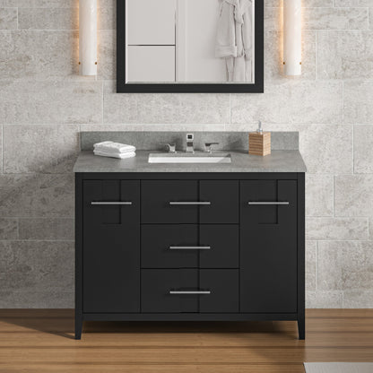 Hardware Resources Jeffrey Alexander Katara 48" Black Freestanding Vanity With Steel Gray Cultured Marble Vanity Top, Backsplash and Rectangle Undermount Sink