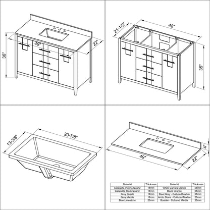 Hardware Resources Jeffrey Alexander Katara 48" Black Freestanding Vanity With White Carrara Marble Vanity Top, Backsplash and Rectangle Undermount Sink