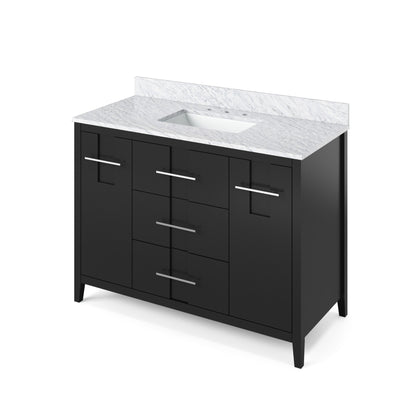 Hardware Resources Jeffrey Alexander Katara 48" Black Freestanding Vanity With White Carrara Marble Vanity Top, Backsplash and Rectangle Undermount Sink