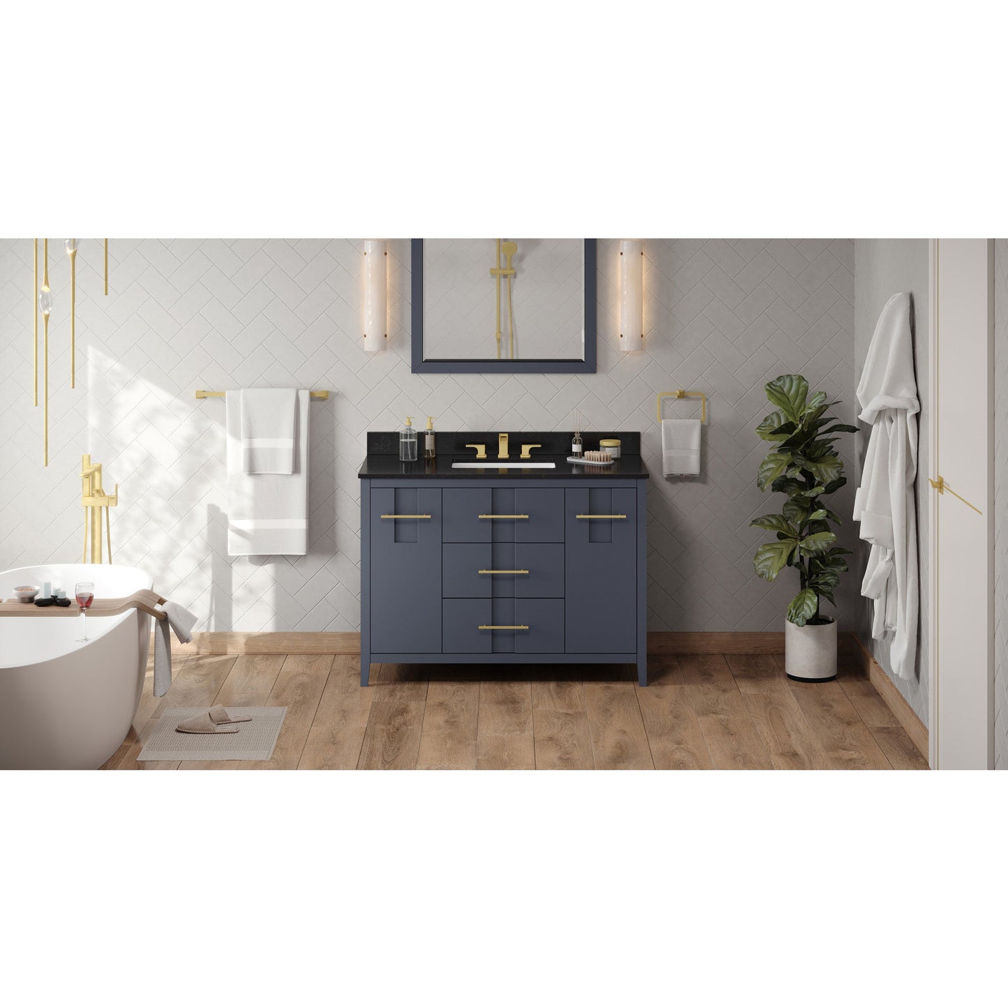 Hardware Resources Jeffrey Alexander Katara 48" Blue Steel Freestanding Vanity With Black Granite Vanity Top, Backsplash and Rectangle Undermount Sink