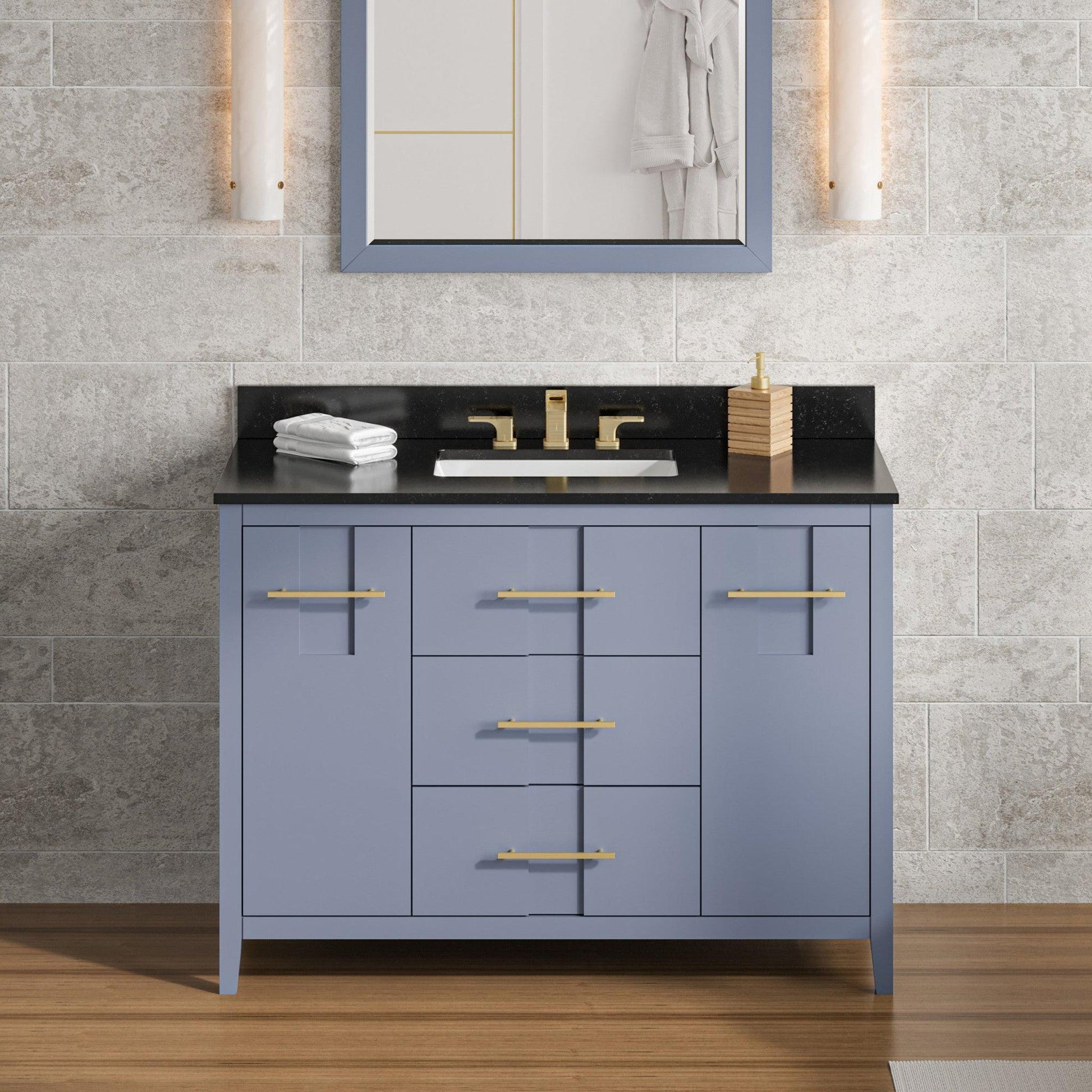 Hardware Resources Jeffrey Alexander Katara 48" Blue Steel Freestanding Vanity With Black Granite Vanity Top, Backsplash and Rectangle Undermount Sink