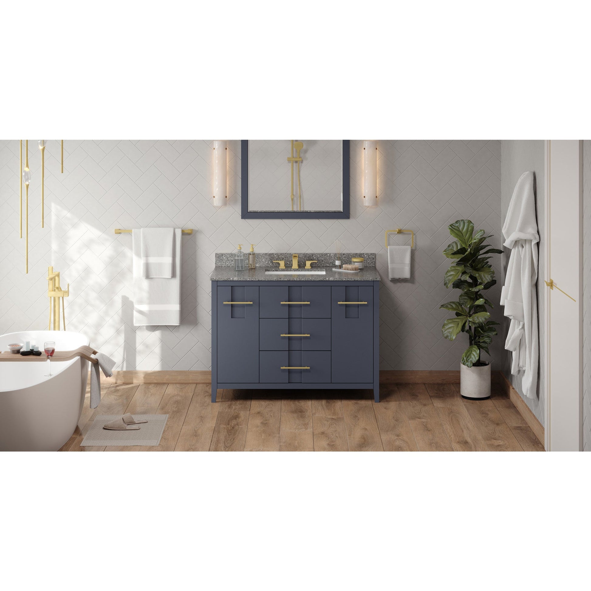 Hardware Resources Jeffrey Alexander Katara 48" Blue Steel Freestanding Vanity With Boulder Cultured Marble Vanity Top, Backsplash and Rectangle Undermount Sink