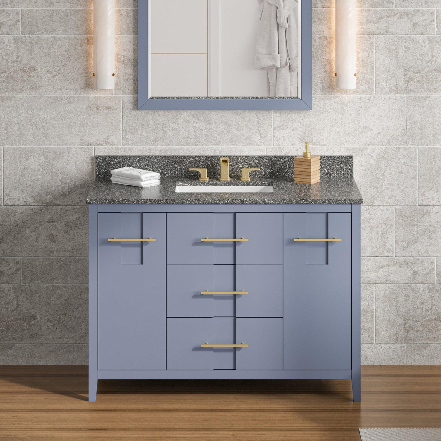 Hardware Resources Jeffrey Alexander Katara 48" Blue Steel Freestanding Vanity With Boulder Cultured Marble Vanity Top, Backsplash and Rectangle Undermount Sink