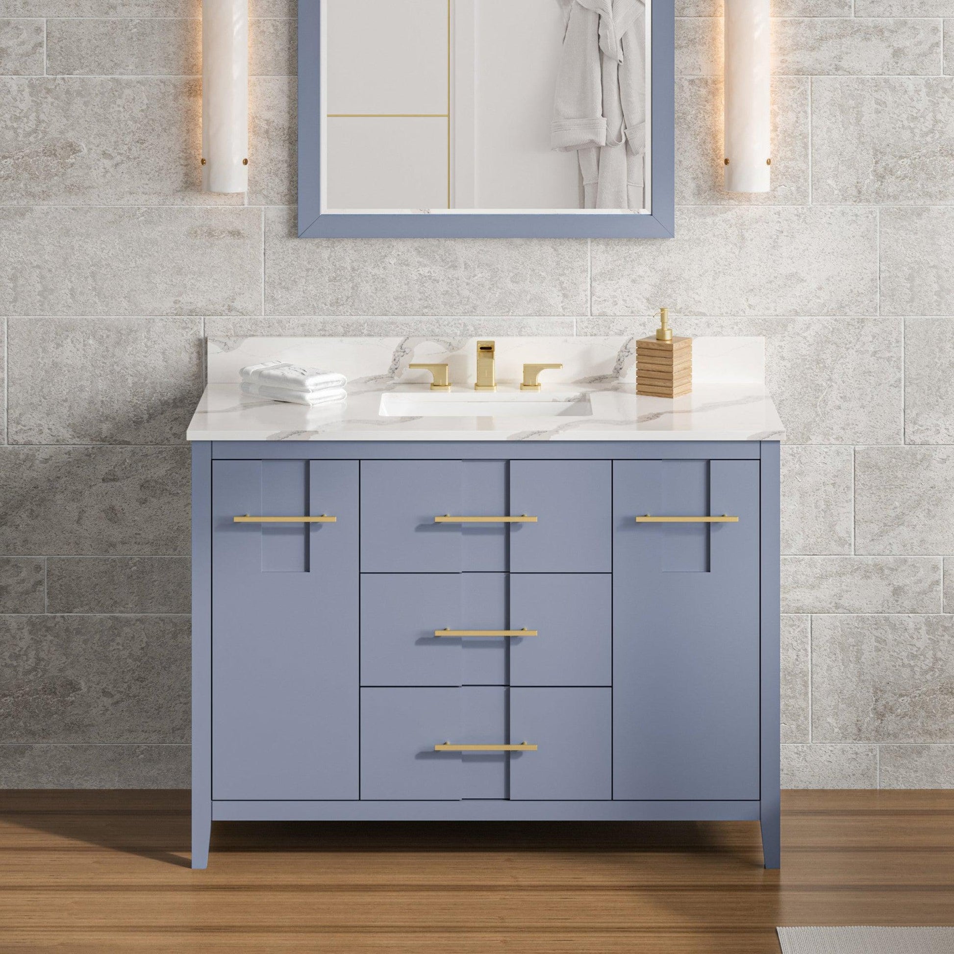 Hardware Resources Jeffrey Alexander Katara 48" Blue Steel Freestanding Vanity With Calacatta Vienna Quartz Vanity Top, Backsplash and Rectangle Undermount Sink