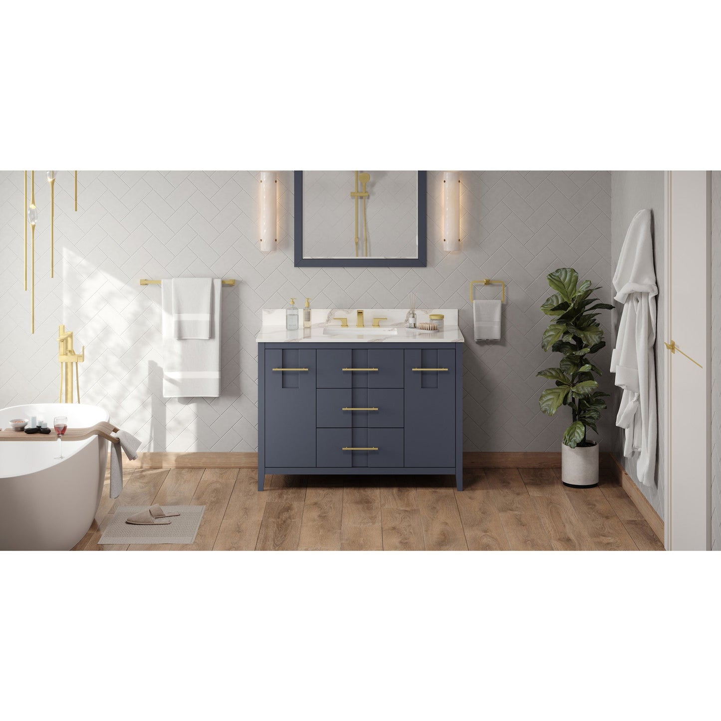 Hardware Resources Jeffrey Alexander Katara 48" Blue Steel Freestanding Vanity With Calacatta Vienna Quartz Vanity Top, Backsplash and Rectangle Undermount Sink