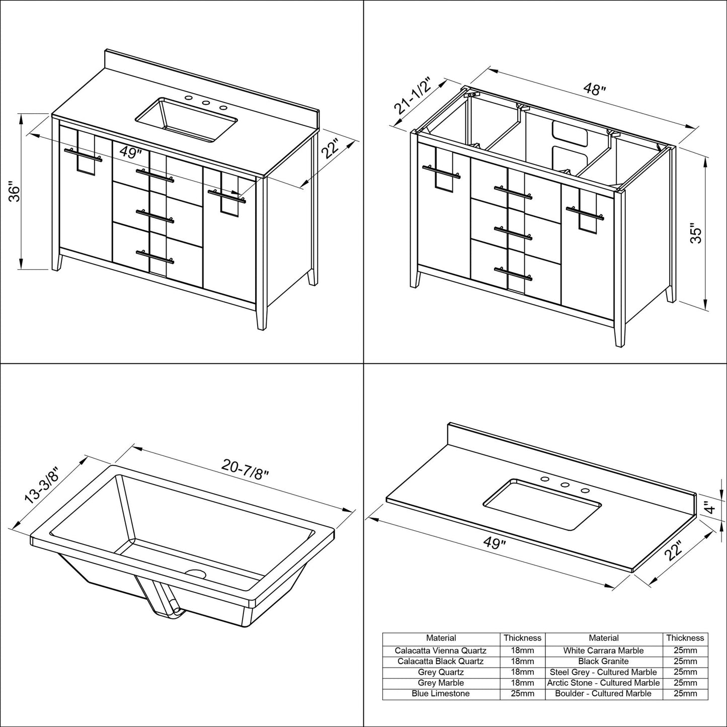 Hardware Resources Jeffrey Alexander Katara 48" Blue Steel Freestanding Vanity With Calacatta Vienna Quartz Vanity Top, Backsplash and Rectangle Undermount Sink