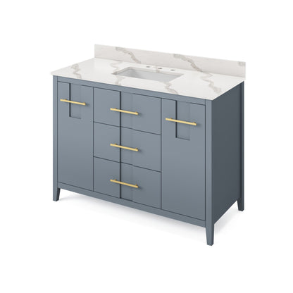 Hardware Resources Jeffrey Alexander Katara 48" Blue Steel Freestanding Vanity With Calacatta Vienna Quartz Vanity Top, Backsplash and Rectangle Undermount Sink