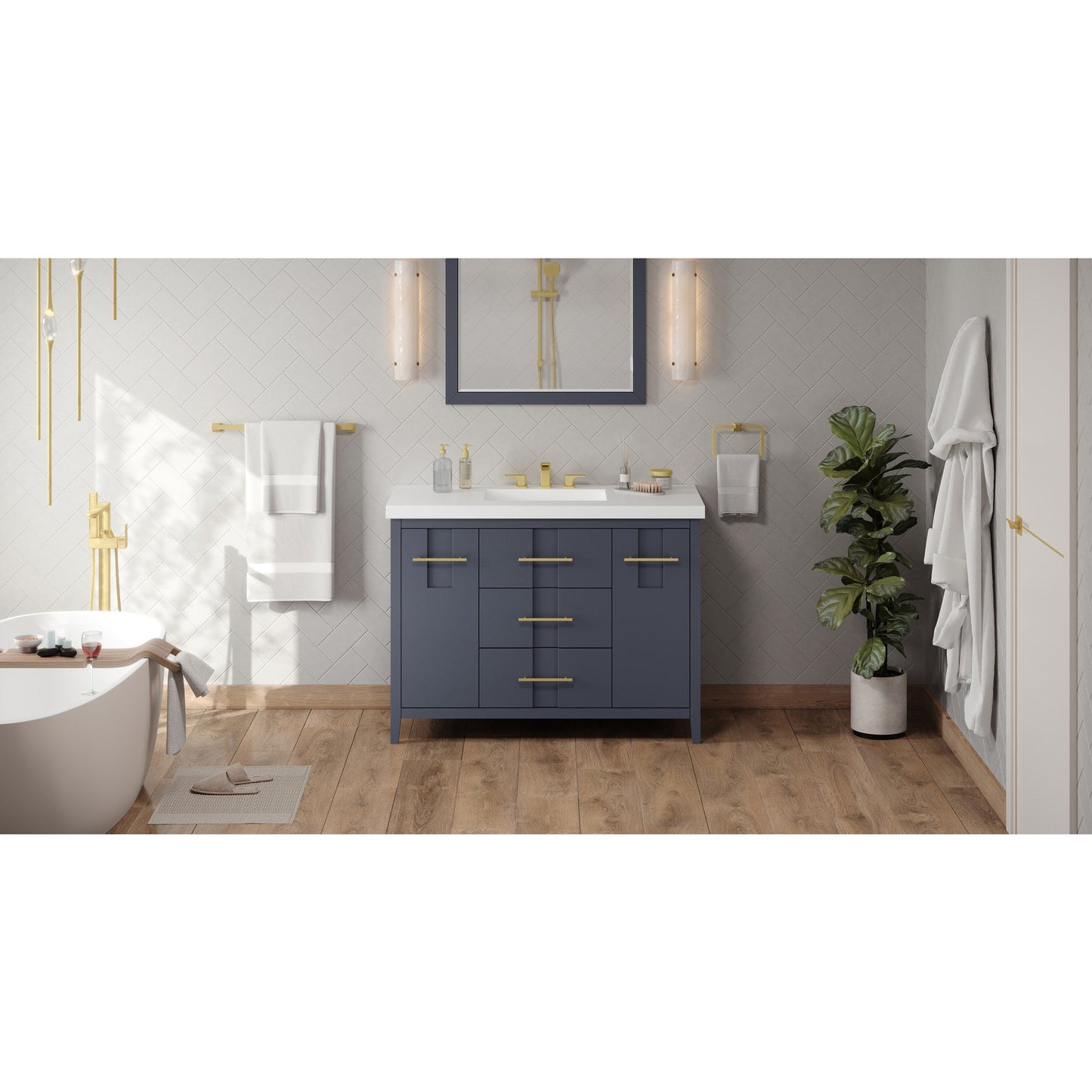 Hardware Resources Jeffrey Alexander Katara 48" Blue Steel Freestanding Vanity With Lavante Cultured Marble Vessel Vanity Top, Backsplash and Rectangle Undermount Sink