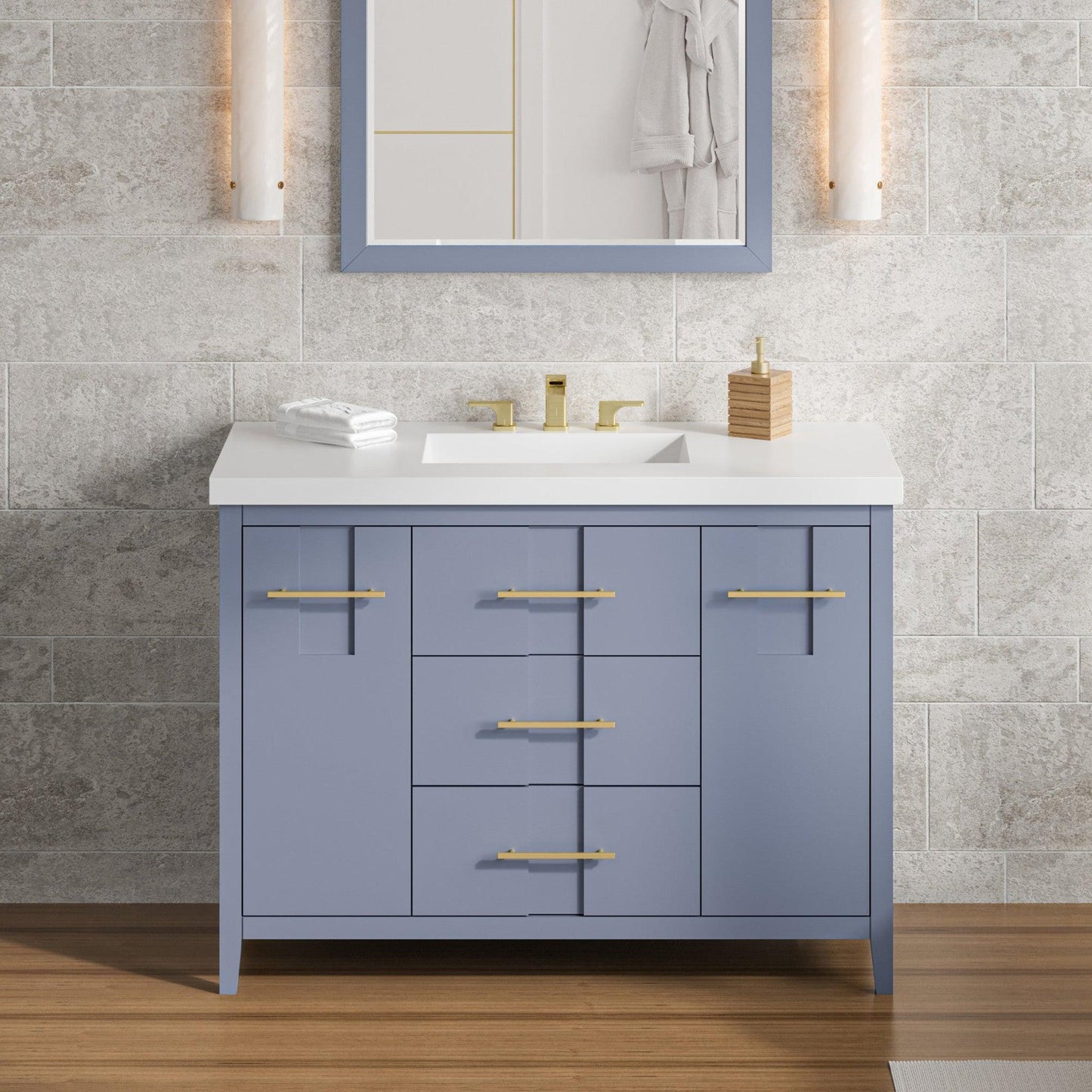 Hardware Resources Jeffrey Alexander Katara 48" Blue Steel Freestanding Vanity With Lavante Cultured Marble Vessel Vanity Top, Backsplash and Rectangle Undermount Sink