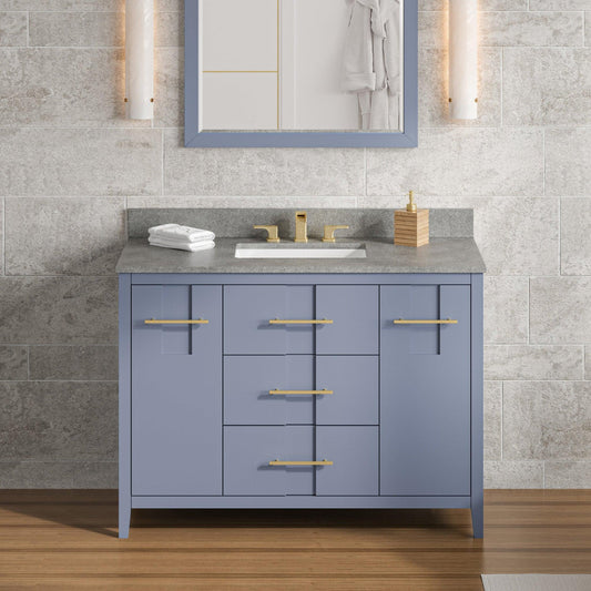 Hardware Resources Jeffrey Alexander Katara 48" Blue Steel Freestanding Vanity With Steel Gray Cultured Marble Vanity Top, Backsplash and Rectangle Undermount Sink