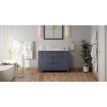 Hardware Resources Jeffrey Alexander Katara 48" Blue Steel Freestanding Vanity With White Carrara Marble Vanity Top, Backsplash and Rectangle Undermount Sink