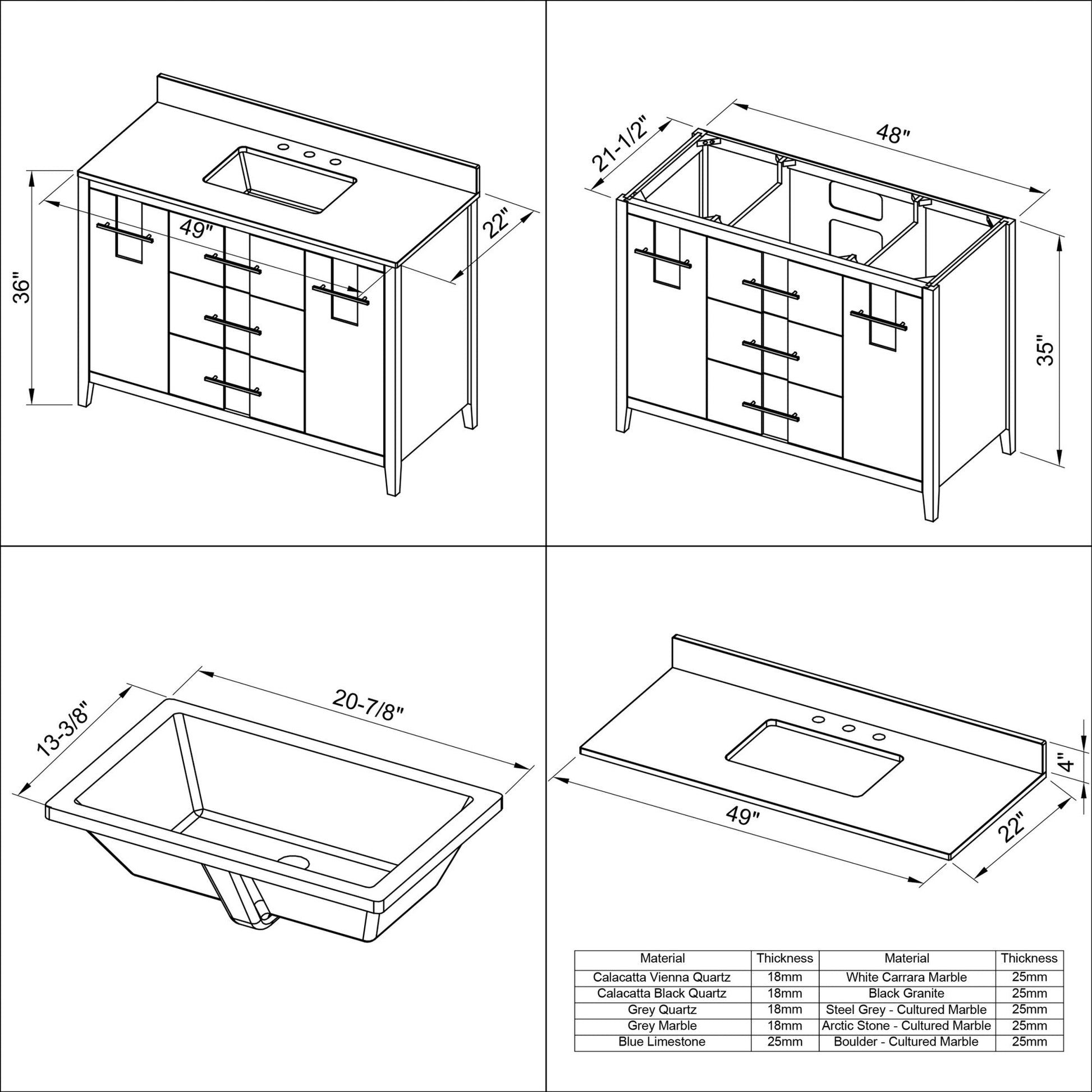 Hardware Resources Jeffrey Alexander Katara 48" Blue Steel Freestanding Vanity With White Carrara Marble Vanity Top, Backsplash and Rectangle Undermount Sink