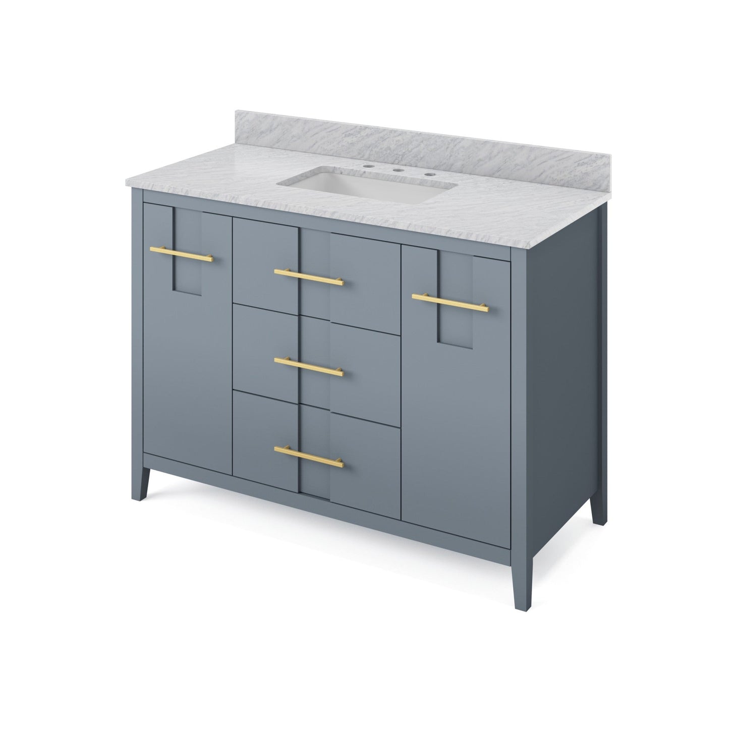 Hardware Resources Jeffrey Alexander Katara 48" Blue Steel Freestanding Vanity With White Carrara Marble Vanity Top, Backsplash and Rectangle Undermount Sink