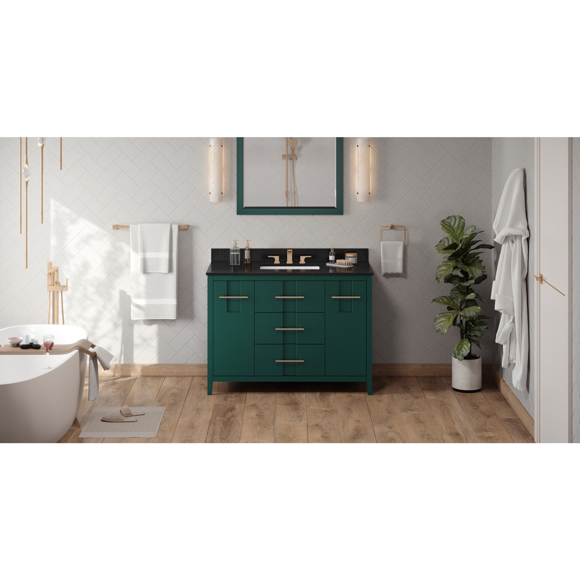 Hardware Resources Jeffrey Alexander Katara 48" Green Freestanding Vanity With Black Granite Vanity Top, Backsplash and Rectangle Undermount Sink