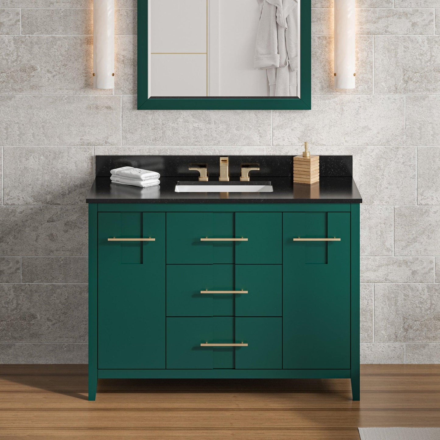 Hardware Resources Jeffrey Alexander Katara 48" Green Freestanding Vanity With Black Granite Vanity Top, Backsplash and Rectangle Undermount Sink