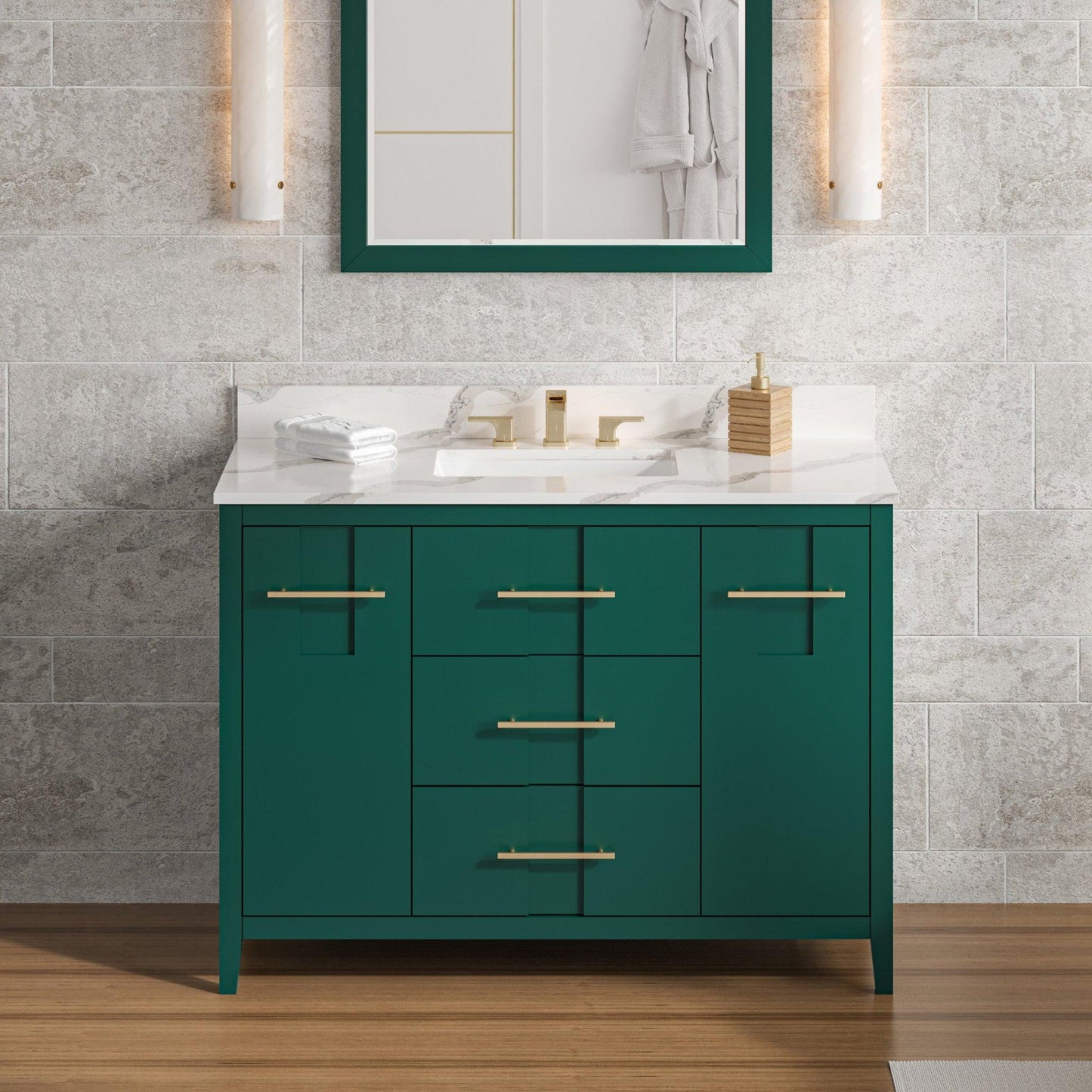 Hardware Resources Jeffrey Alexander Katara 48" Green Freestanding Vanity With Calacatta Vienna Quartz Vanity Top, Backsplash and Rectangle Undermount Sink