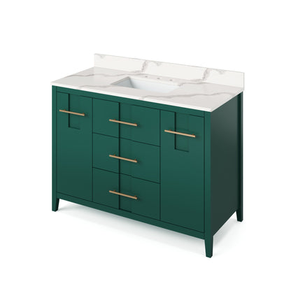 Hardware Resources Jeffrey Alexander Katara 48" Green Freestanding Vanity With Calacatta Vienna Quartz Vanity Top, Backsplash and Rectangle Undermount Sink