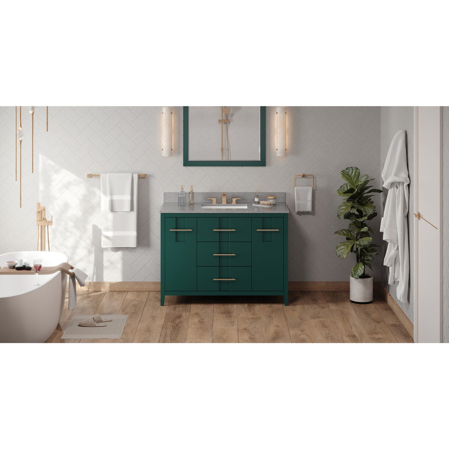 Hardware Resources Jeffrey Alexander Katara 48" Green Freestanding Vanity With Steel Gray Cultured Marble Vanity Top, Backsplash and Rectangle Undermount Sink