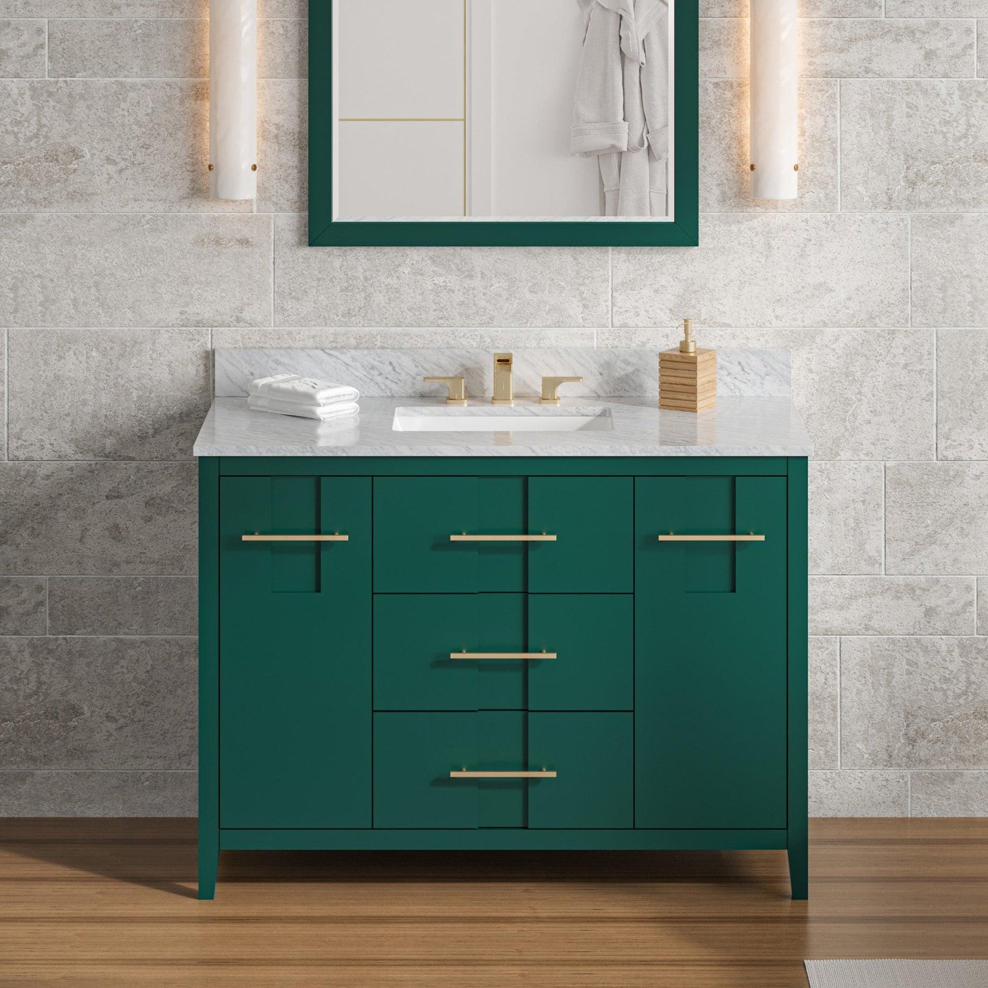 Hardware Resources Jeffrey Alexander Katara 48" Green Freestanding Vanity With White Carrara Marble Vanity Top, Backsplash and Rectangle Undermount Sink