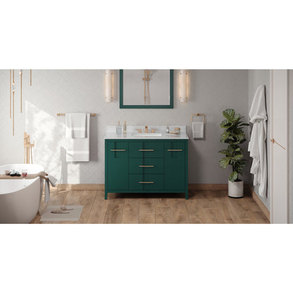 Hardware Resources Jeffrey Alexander Katara 48" Green Freestanding Vanity With White Carrara Marble Vanity Top, Backsplash and Rectangle Undermount Sink