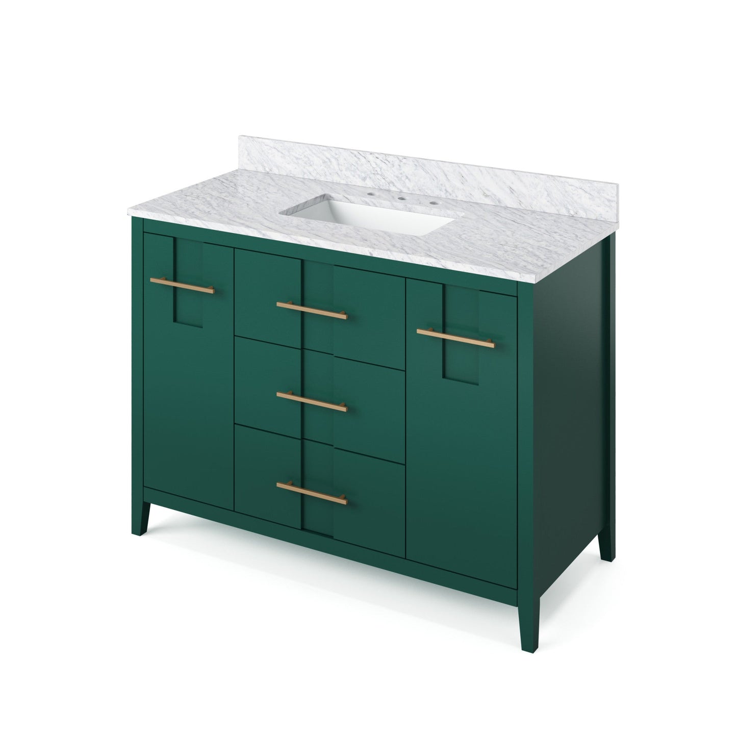 Hardware Resources Jeffrey Alexander Katara 48" Green Freestanding Vanity With White Carrara Marble Vanity Top, Backsplash and Rectangle Undermount Sink