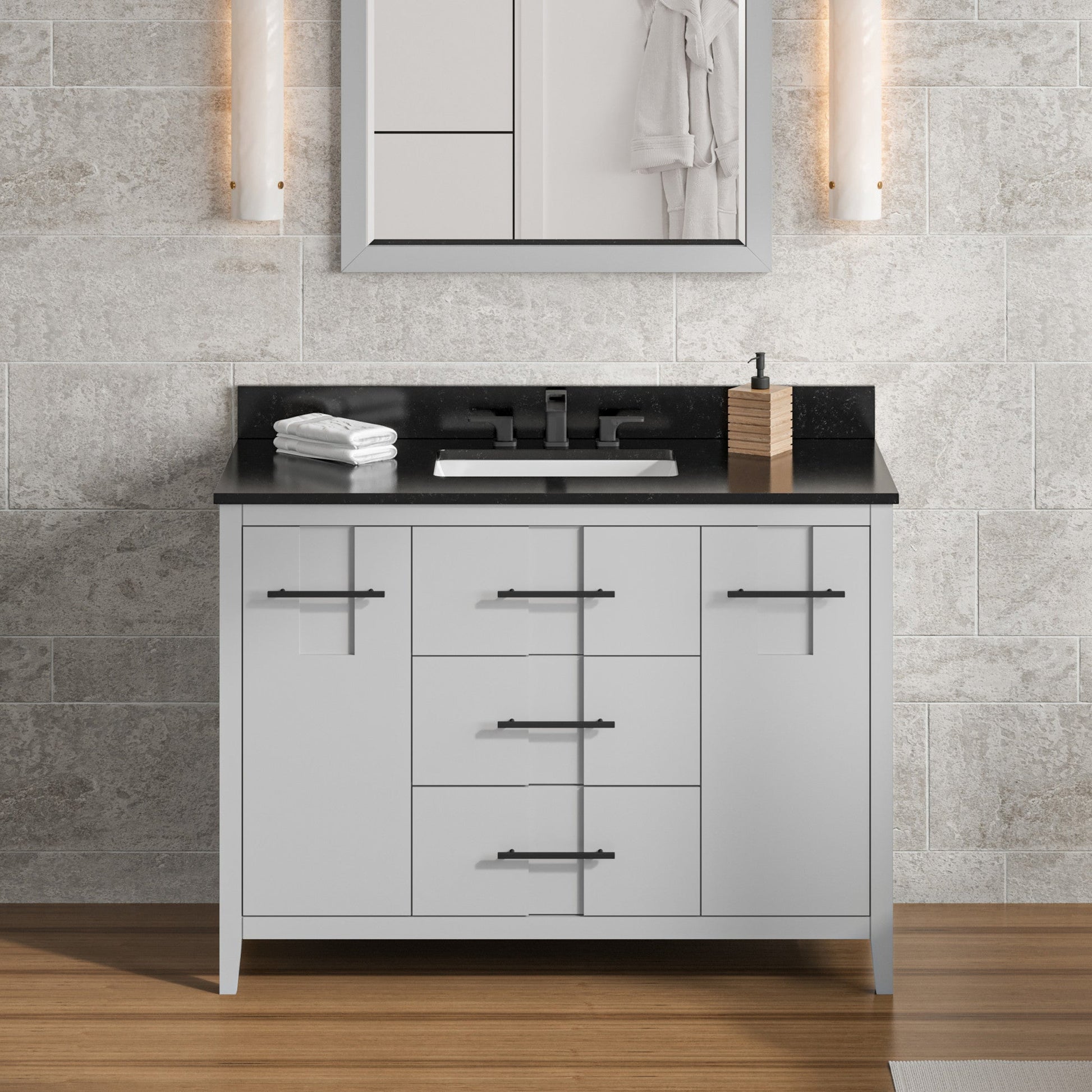 Hardware Resources Jeffrey Alexander Katara 48" Grey Freestanding Vanity With Black Granite Vanity Top, Backsplash and Rectangle Undermount Sink