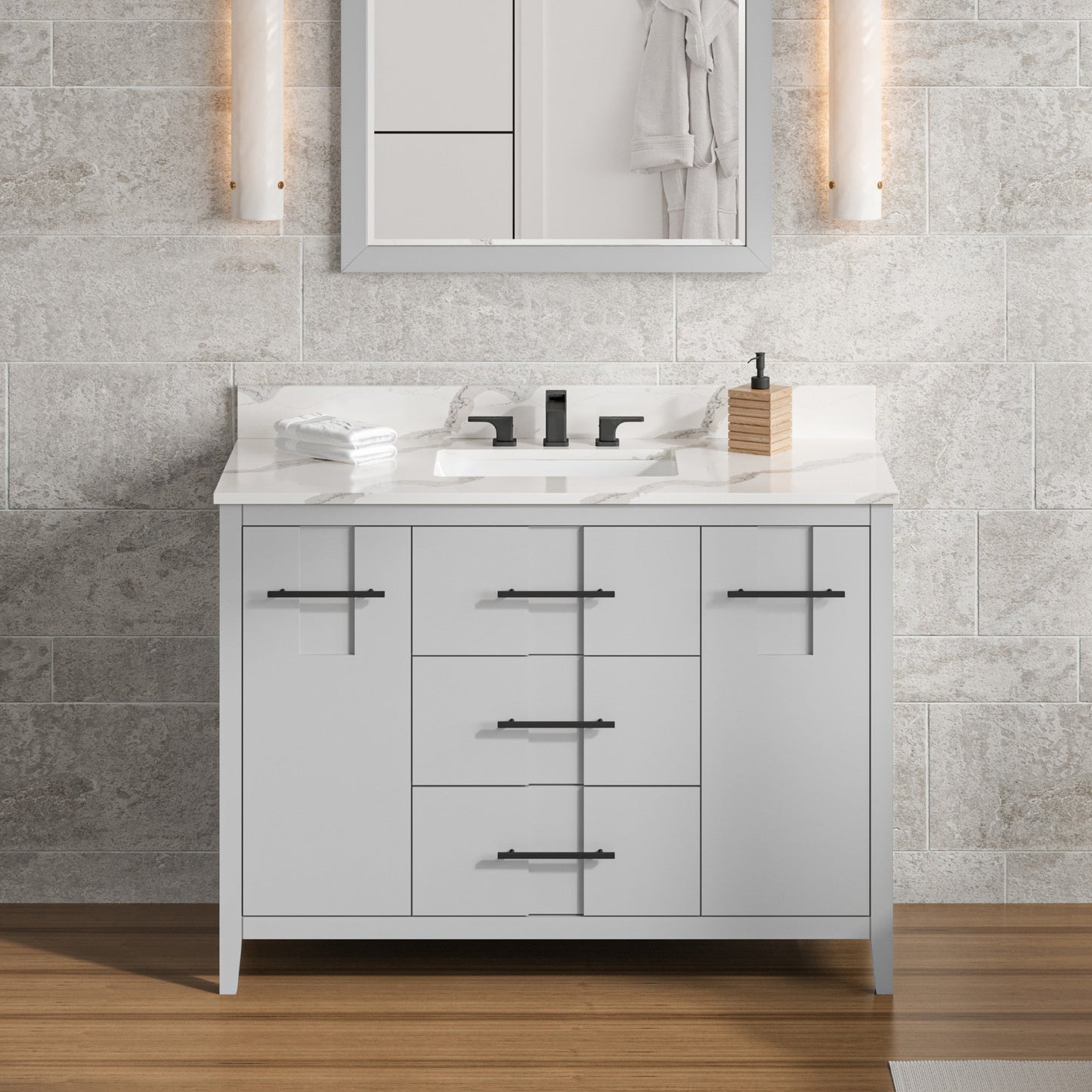 Hardware Resources Jeffrey Alexander Katara 48" Grey Freestanding Vanity With Calacatta Vienna Quartz Vanity Top, Backsplash and Rectangle Undermount Sink