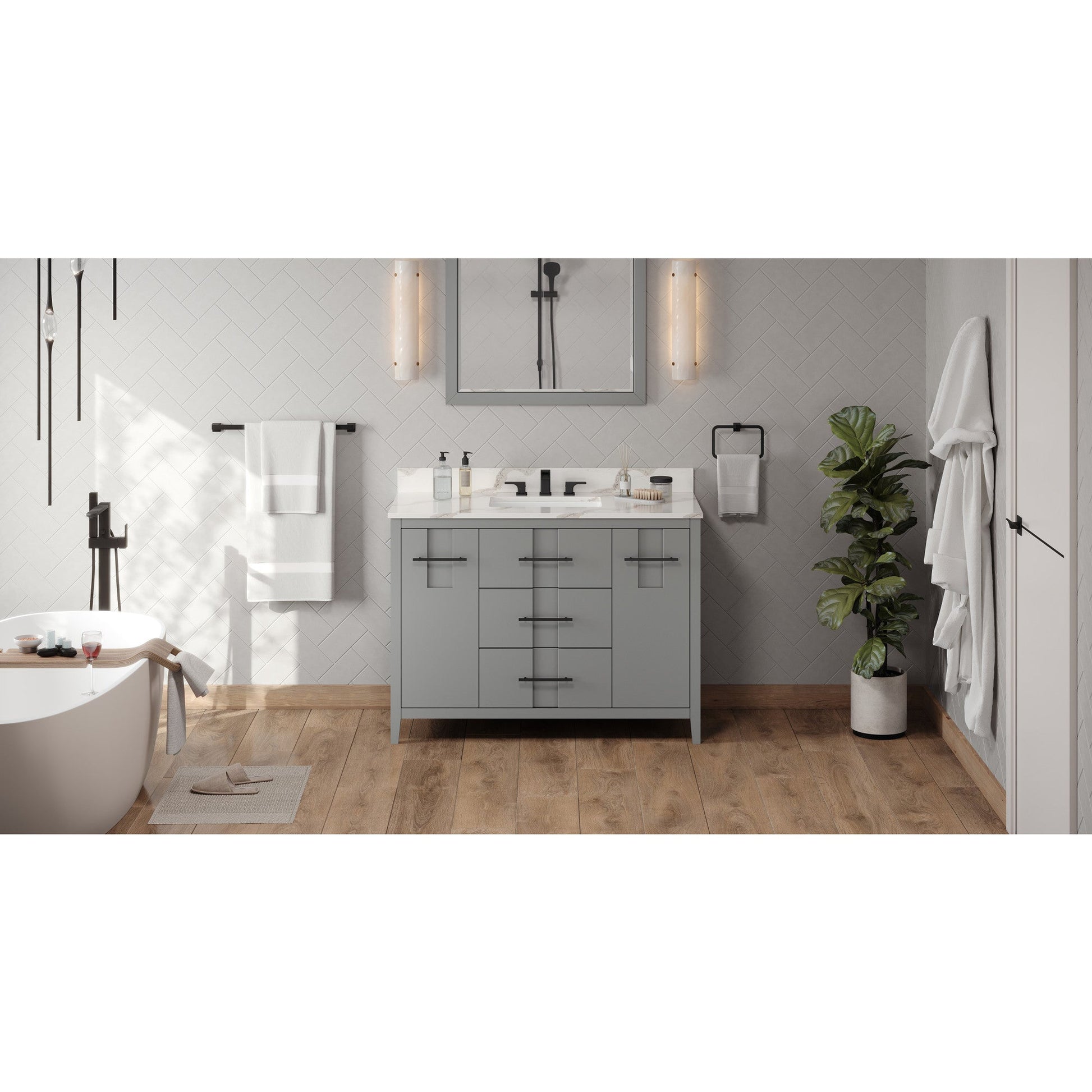 Hardware Resources Jeffrey Alexander Katara 48" Grey Freestanding Vanity With Calacatta Vienna Quartz Vanity Top, Backsplash and Rectangle Undermount Sink