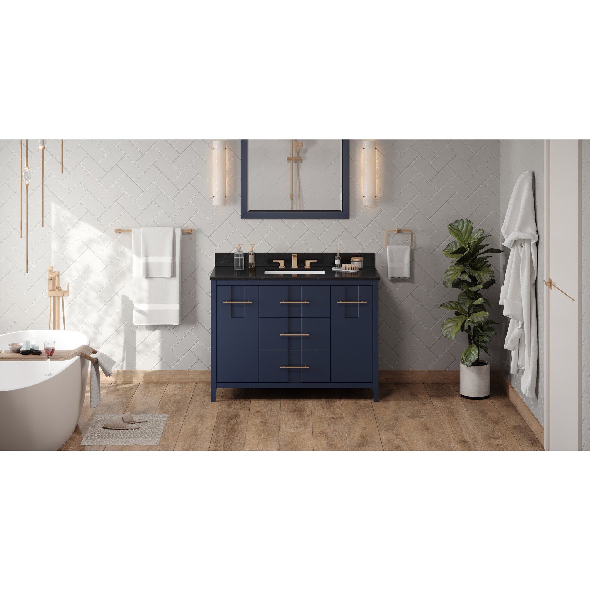 Hardware Resources Jeffrey Alexander Katara 48" Hale Blue Freestanding Vanity With Black Granite Vanity Top, Backsplash and Rectangle Undermount Sink