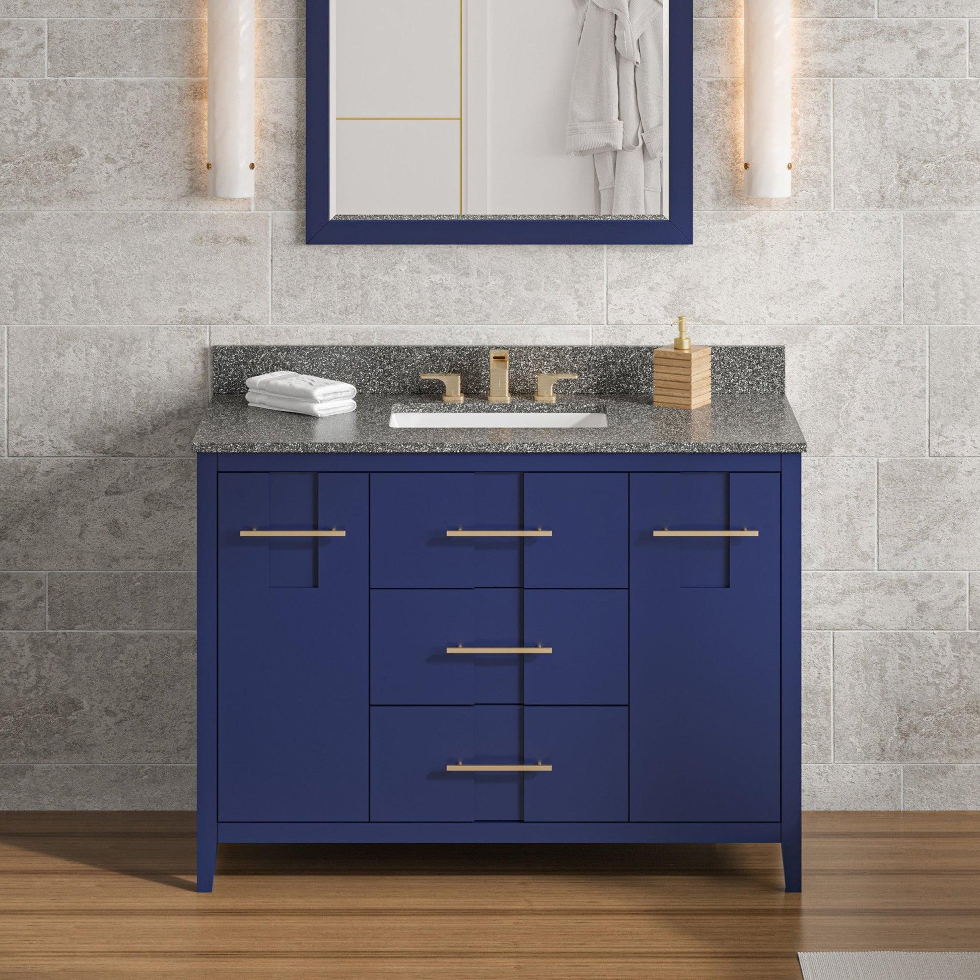 Hardware Resources Jeffrey Alexander Katara 48" Hale Blue Freestanding Vanity With Boulder Cultured Marble Vanity Top, Backsplash and Rectangle Undermount Sink