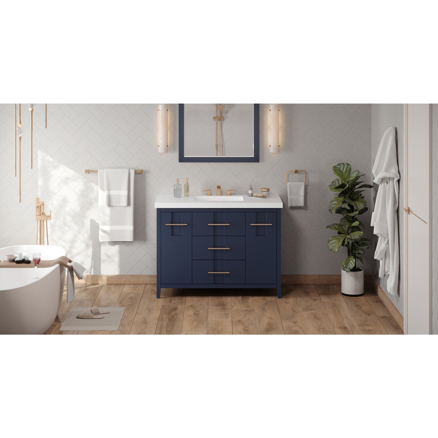 Hardware Resources Jeffrey Alexander Katara 48" Hale Blue Freestanding Vanity With Lavante Cultured Marble Vessel Vanity Top, Backsplash and Rectangle Undermount Sink