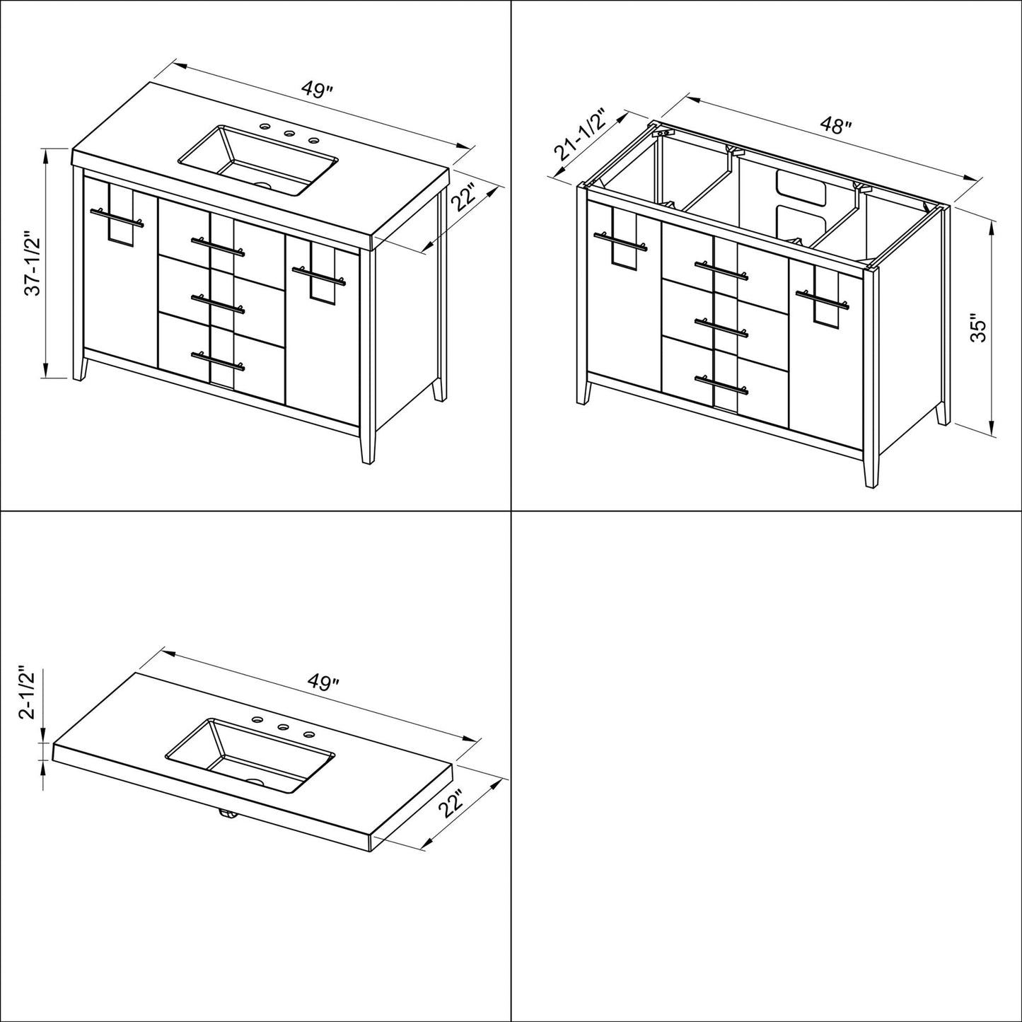 Hardware Resources Jeffrey Alexander Katara 48" Hale Blue Freestanding Vanity With Lavante Cultured Marble Vessel Vanity Top, Backsplash and Rectangle Undermount Sink