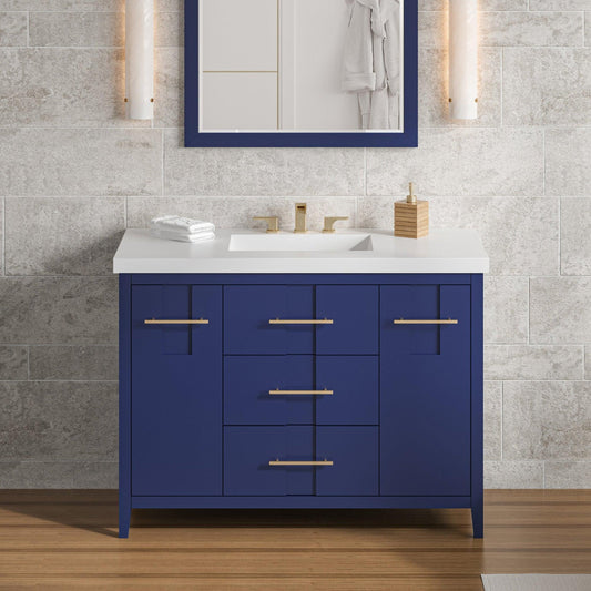 Hardware Resources Jeffrey Alexander Katara 48" Hale Blue Freestanding Vanity With Lavante Cultured Marble Vessel Vanity Top, Backsplash and Rectangle Undermount Sink