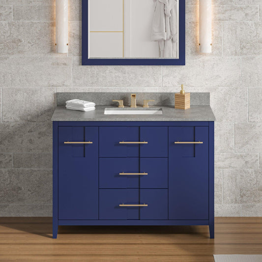 Hardware Resources Jeffrey Alexander Katara 48" Hale Blue Freestanding Vanity With Steel Gray Cultured Marble Vanity Top, Backsplash and Rectangle Undermount Sink