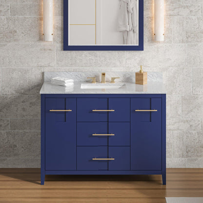 Hardware Resources Jeffrey Alexander Katara 48" Hale Blue Freestanding Vanity With White Carrara Marble Vanity Top, Backsplash and Rectangle Undermount Sink