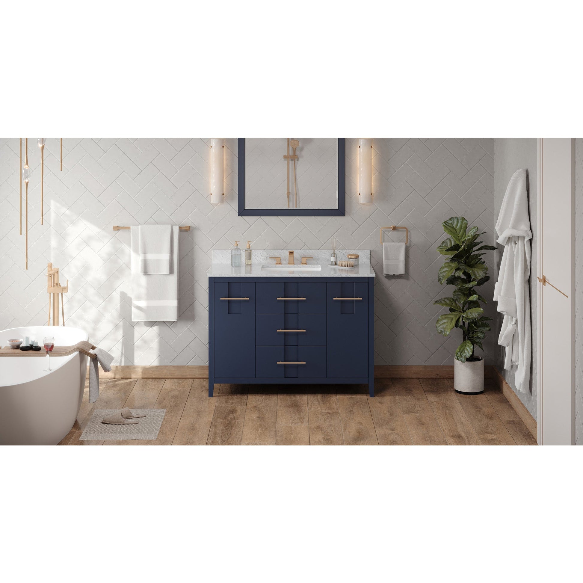 Hardware Resources Jeffrey Alexander Katara 48" Hale Blue Freestanding Vanity With White Carrara Marble Vanity Top, Backsplash and Rectangle Undermount Sink