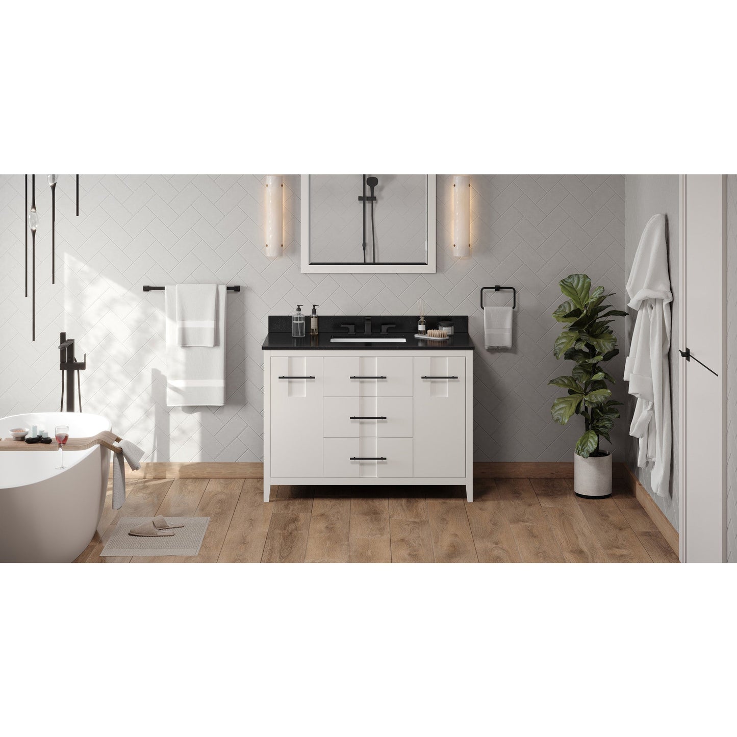 Hardware Resources Jeffrey Alexander Katara 48" White Freestanding Vanity With Black Granite Vanity Top, Backsplash and Rectangle Undermount Sink