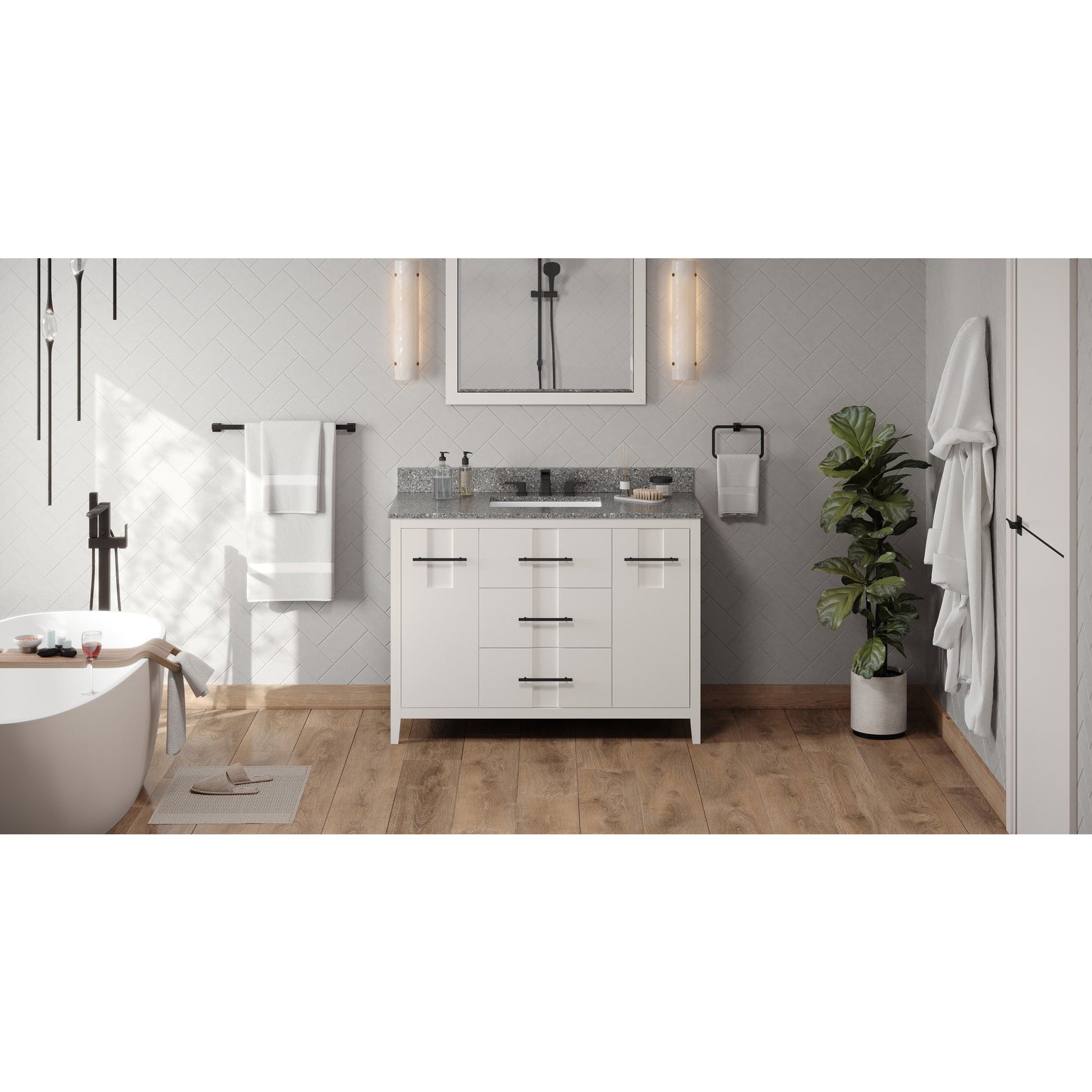 Hardware Resources Jeffrey Alexander Katara 48" White Freestanding Vanity With Boulder Cultured Marble Vanity Top, Backsplash and Rectangle Undermount Sink