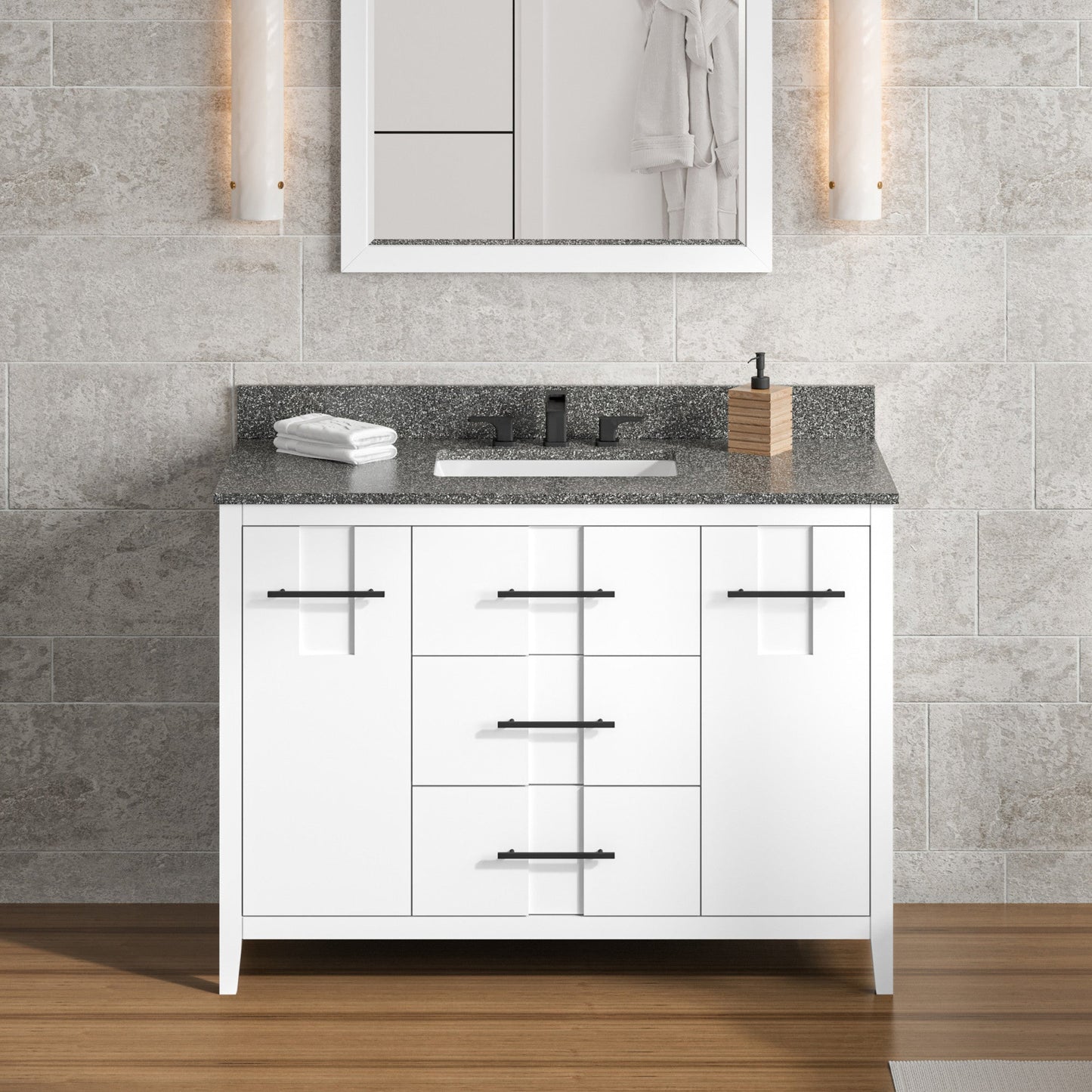 Hardware Resources Jeffrey Alexander Katara 48" White Freestanding Vanity With Boulder Cultured Marble Vanity Top, Backsplash and Rectangle Undermount Sink