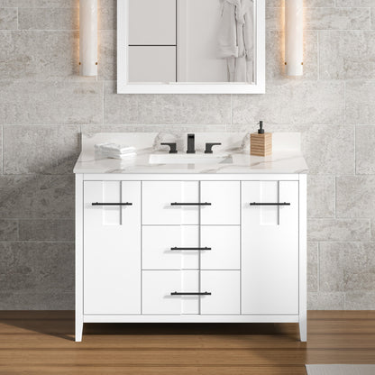 Hardware Resources Jeffrey Alexander Katara 48" White Freestanding Vanity With Calacatta Vienna Quartz Vanity Top, Backsplash and Rectangle Undermount Sink