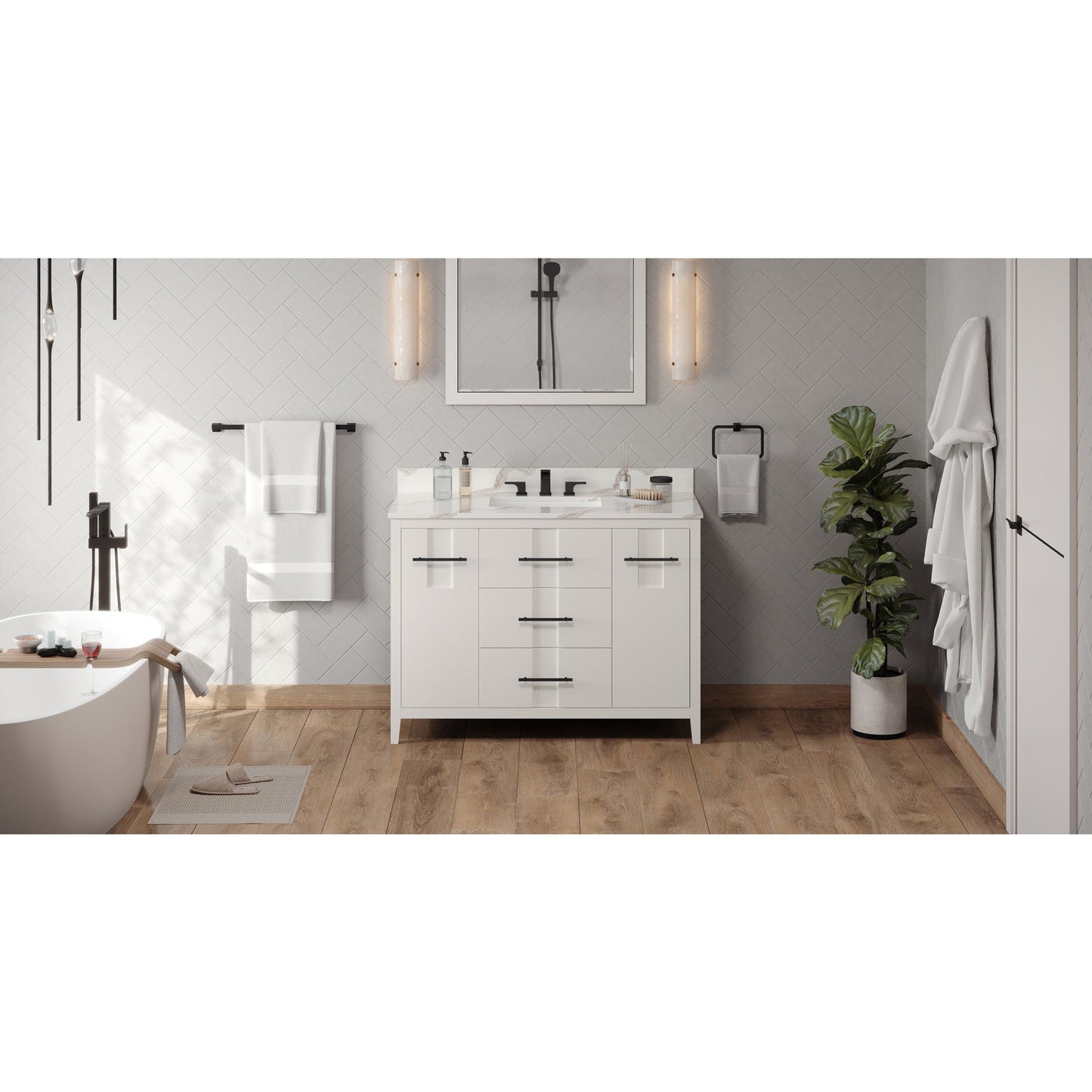 Hardware Resources Jeffrey Alexander Katara 48" White Freestanding Vanity With Calacatta Vienna Quartz Vanity Top, Backsplash and Rectangle Undermount Sink