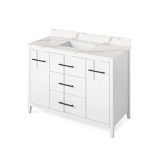 Hardware Resources Jeffrey Alexander Katara 48" White Freestanding Vanity With Calacatta Vienna Quartz Vanity Top, Backsplash and Rectangle Undermount Sink