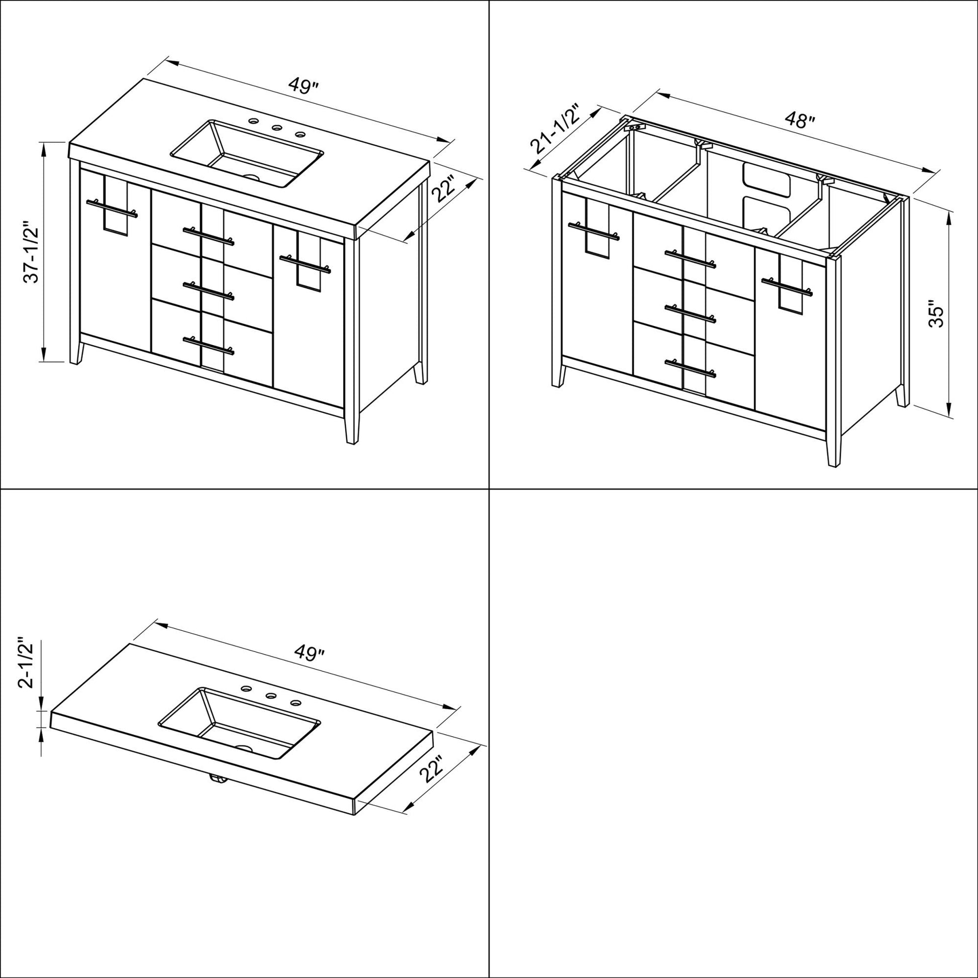 Hardware Resources Jeffrey Alexander Katara 48" White Freestanding Vanity With Lavante Cultured Marble Vessel Vanity Top, Backsplash and Rectangle Undermount Sink