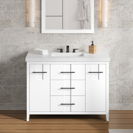 Hardware Resources Jeffrey Alexander Katara 48" White Freestanding Vanity With Lavante Cultured Marble Vessel Vanity Top, Backsplash and Rectangle Undermount Sink