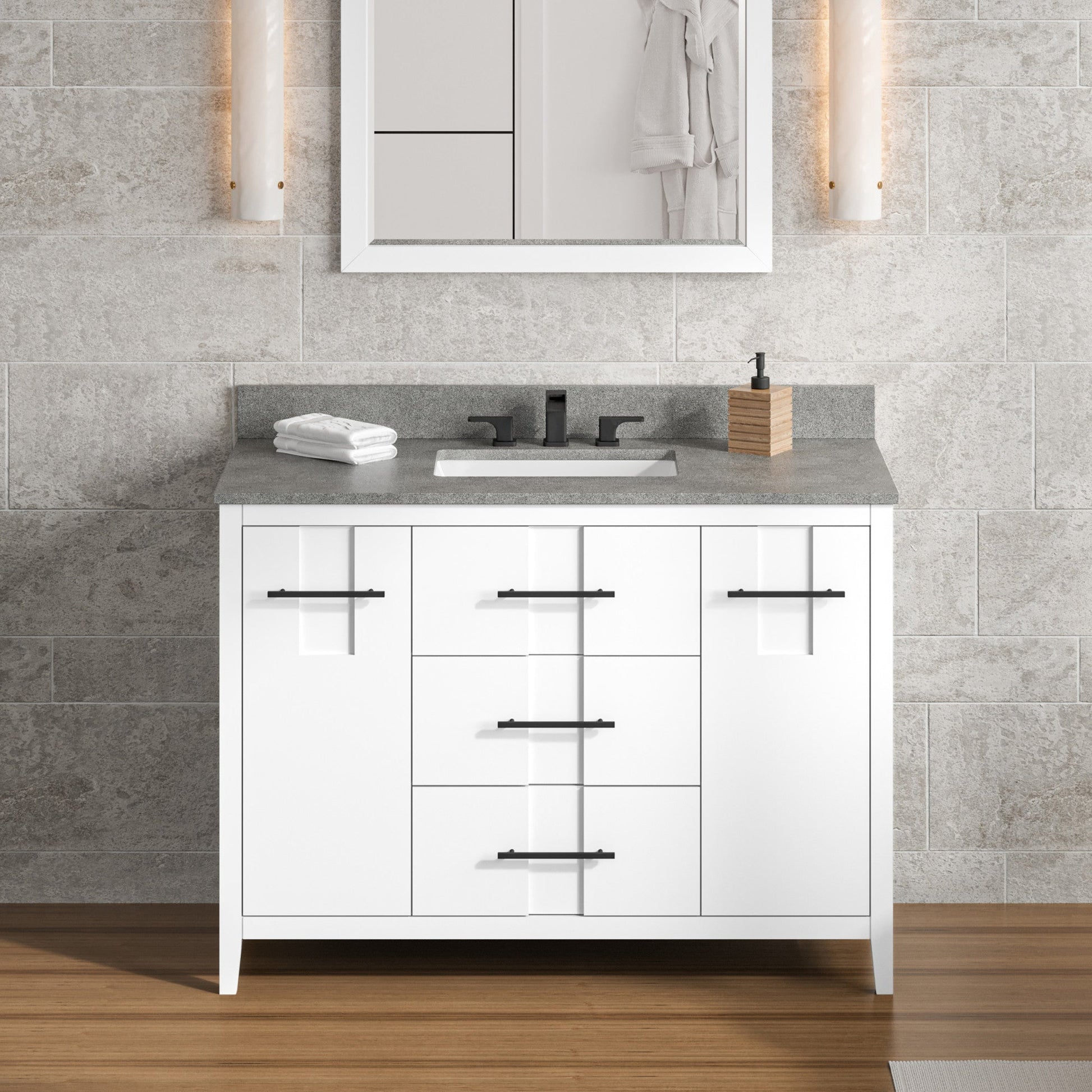 Hardware Resources Jeffrey Alexander Katara 48" White Freestanding Vanity With Steel Gray Cultured Marble Vanity Top, Backsplash and Rectangle Undermount Sink