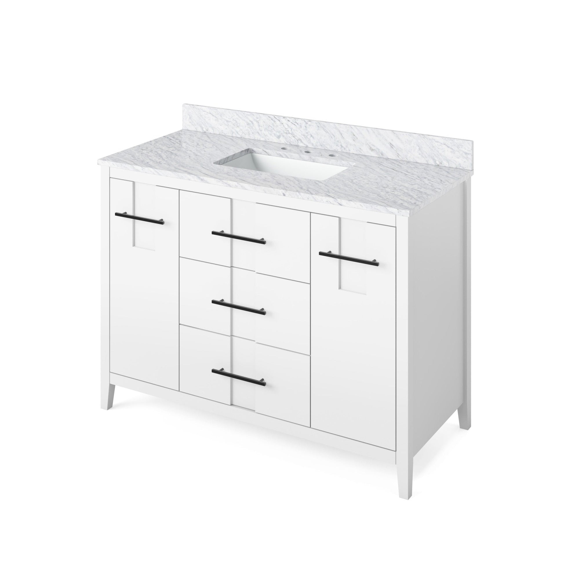 Hardware Resources Jeffrey Alexander Katara 48" White Freestanding Vanity With White Carrara Marble Vanity Top, Backsplash and Rectangle Undermount Sink