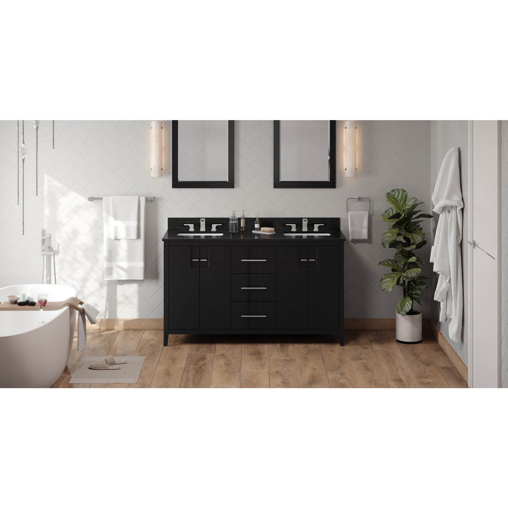 Hardware Resources Jeffrey Alexander Katara 60" Black Freestanding Vanity With Double Bowl, Black Granite Vanity Top, Backsplash and Rectangle Undermount Sink